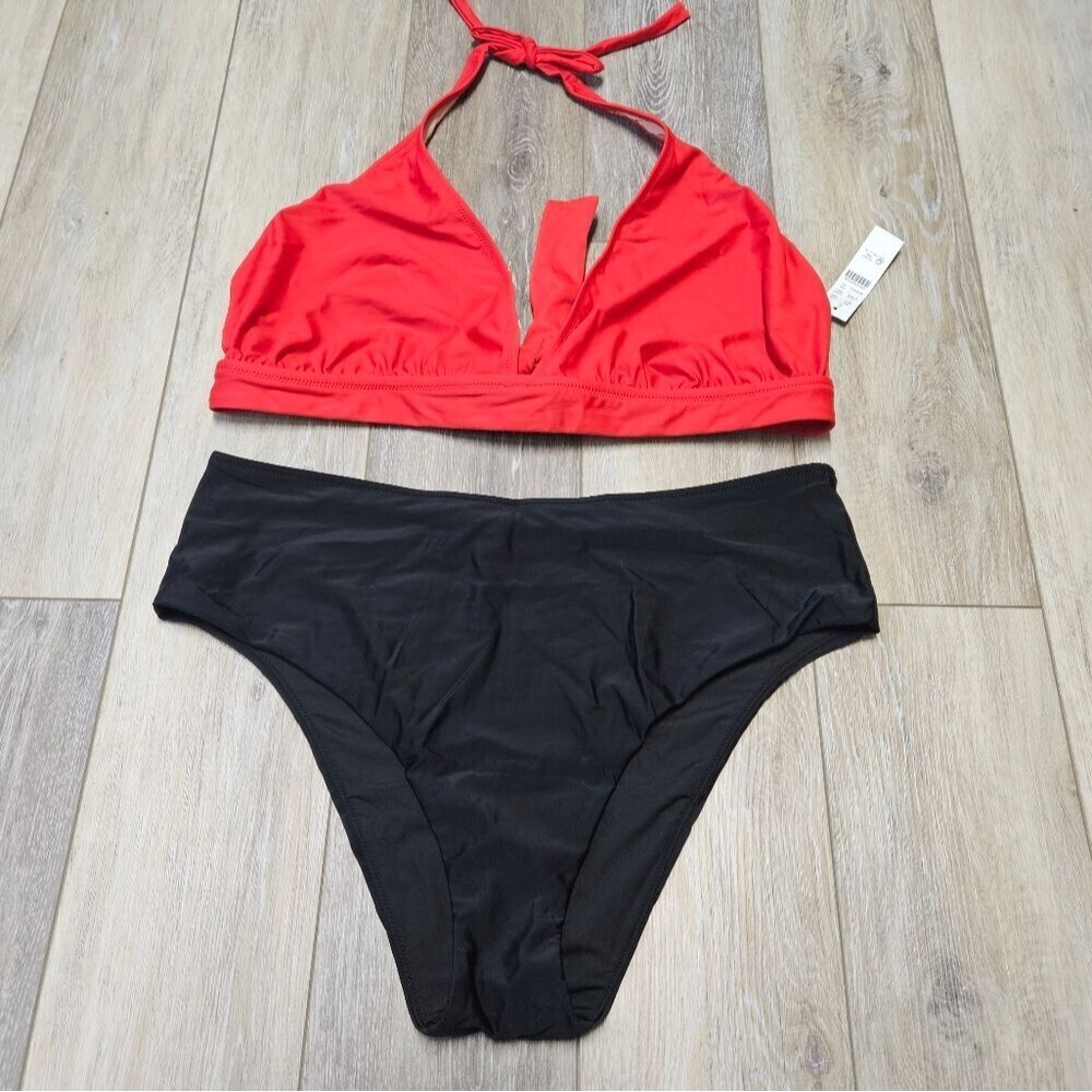 J. Crew Aerie Mixed Bikini Set Red Halter Bikini Top Black Bottom Womens 3X Plus
